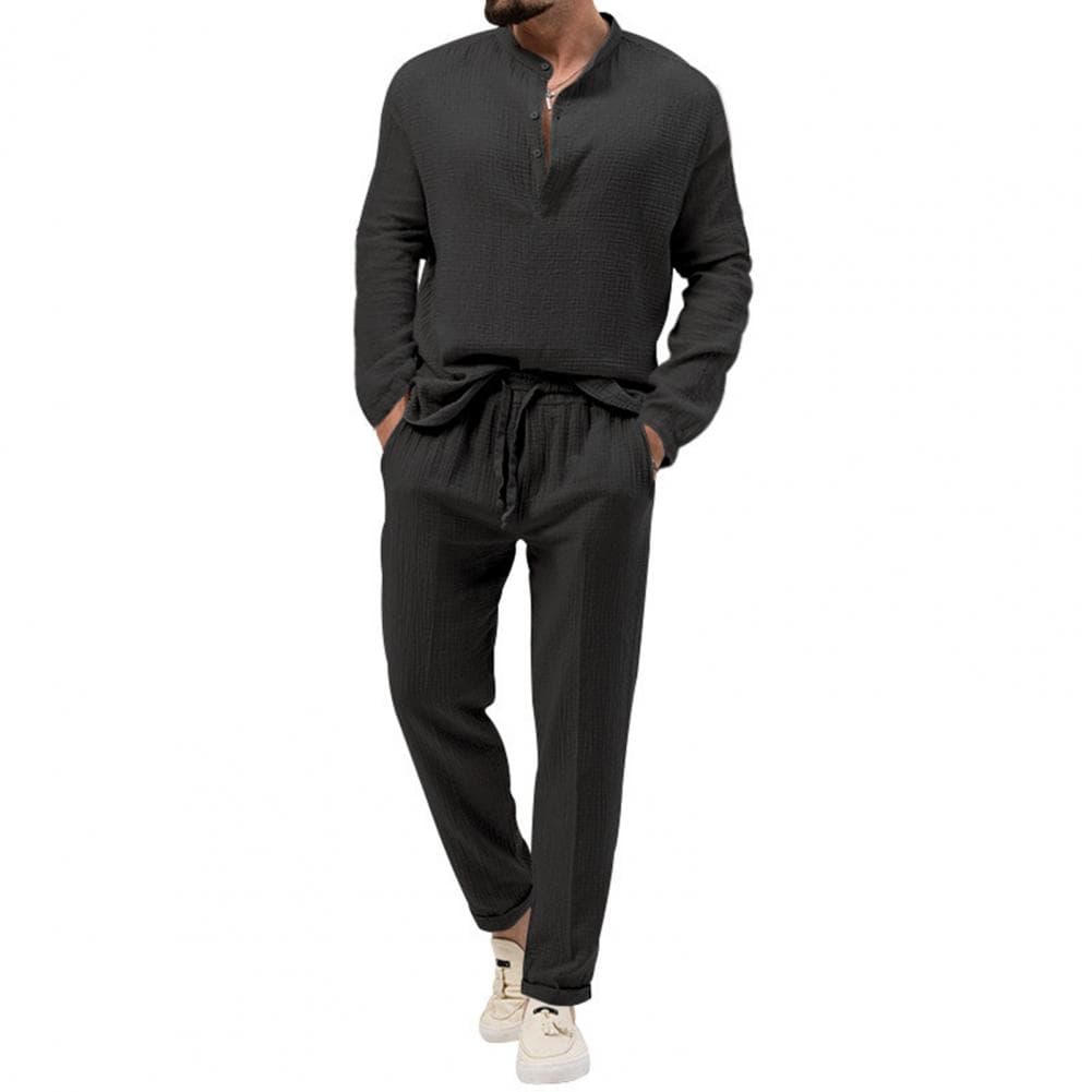 2Pcs/Set Men Summer Outfit Stand Collar Buttons Neckline Long Sleeve T-shirt Elastic Waist Drawstring Pockets Long Pants Set M black