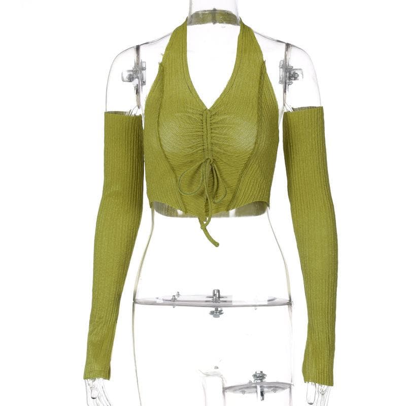 Y2K Halter Drawstring Top + Split Sleeves Women's Tops Sexy Cropped Navel Slim Fit Short  Avocado Green Egirl Spring and Summer L green