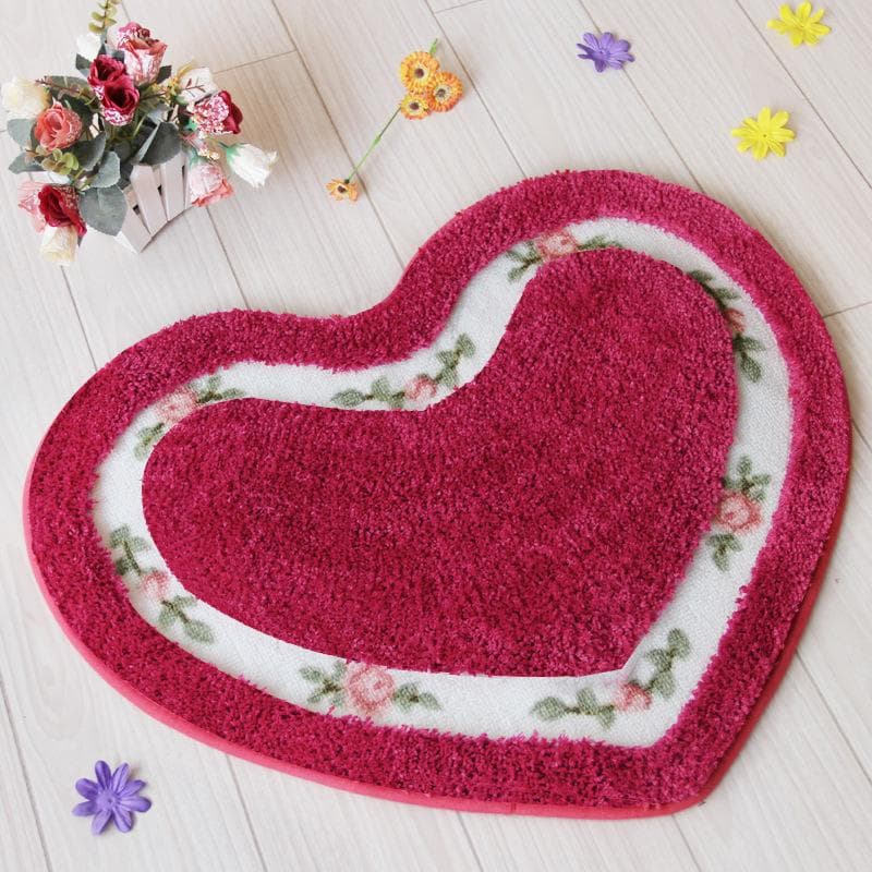 Heart Shape Nonslip Bath Mat Embroidered Toilet Rug Kit Water Absorption Door Mat for Bathroom Toilet Bedroom 2 Sizes Floor Mat red