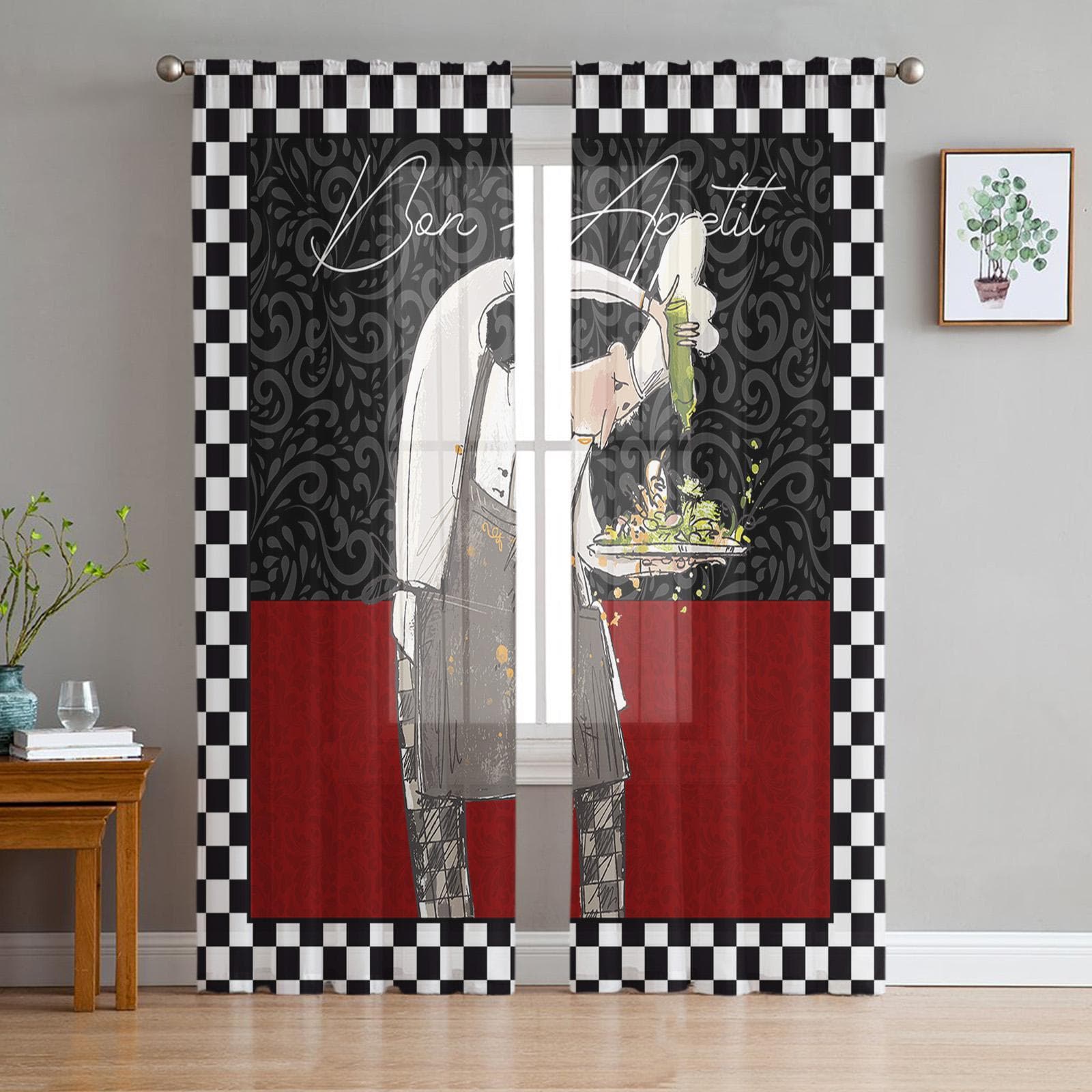 Black White Chefs Retro Texture Voile Sheer Curtains Living Room Window Chiffon Tulle Curtain Kitchen Bedroom Drapes Home Decor 135W x 114H(cm)