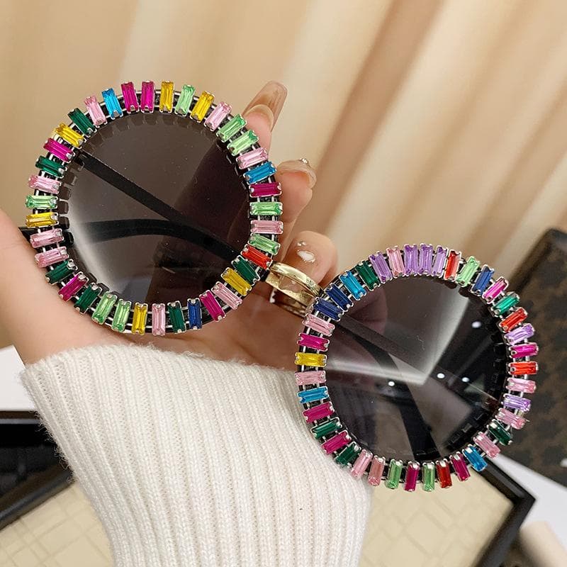 Luxury Brand Designer Round Diamond Sunglasses Women For Female Fashion Vintage Party Travel Steampunk Sun Glasses Shades UV400 Colorful Black