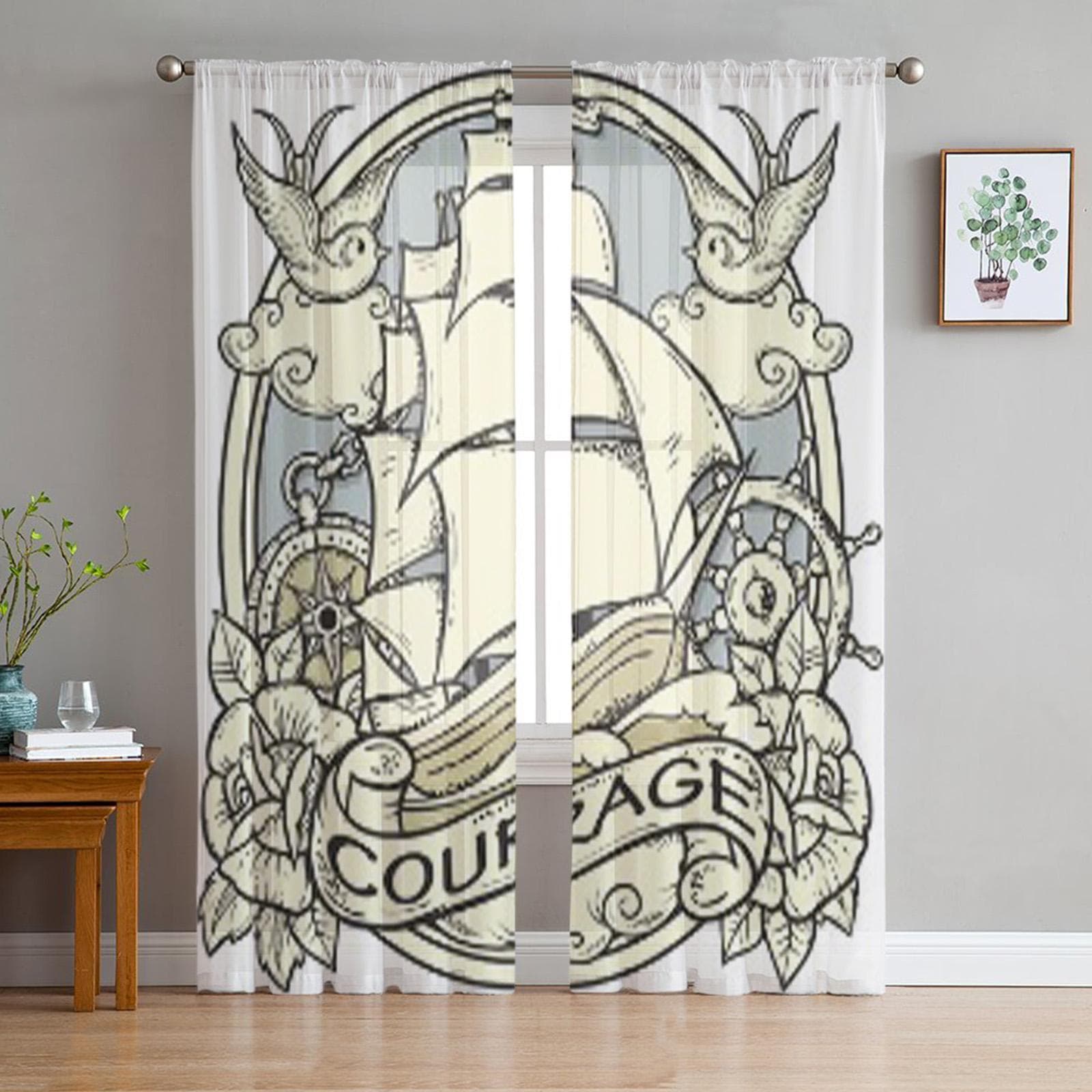 Ship And Sailor Atributes Sheer Curtains for Living Room Transparent Tulle Window Curtain Bedroom Kitchen Home Decor Veil Drapes 135W x 114H(cm)