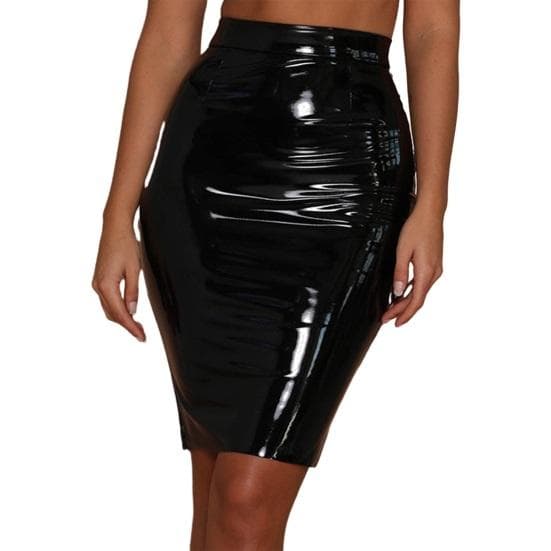 Women Club Skirt Faux Leather Skinny Sheath High Waist Zipper Closure Solid Color Glossy Surface M black