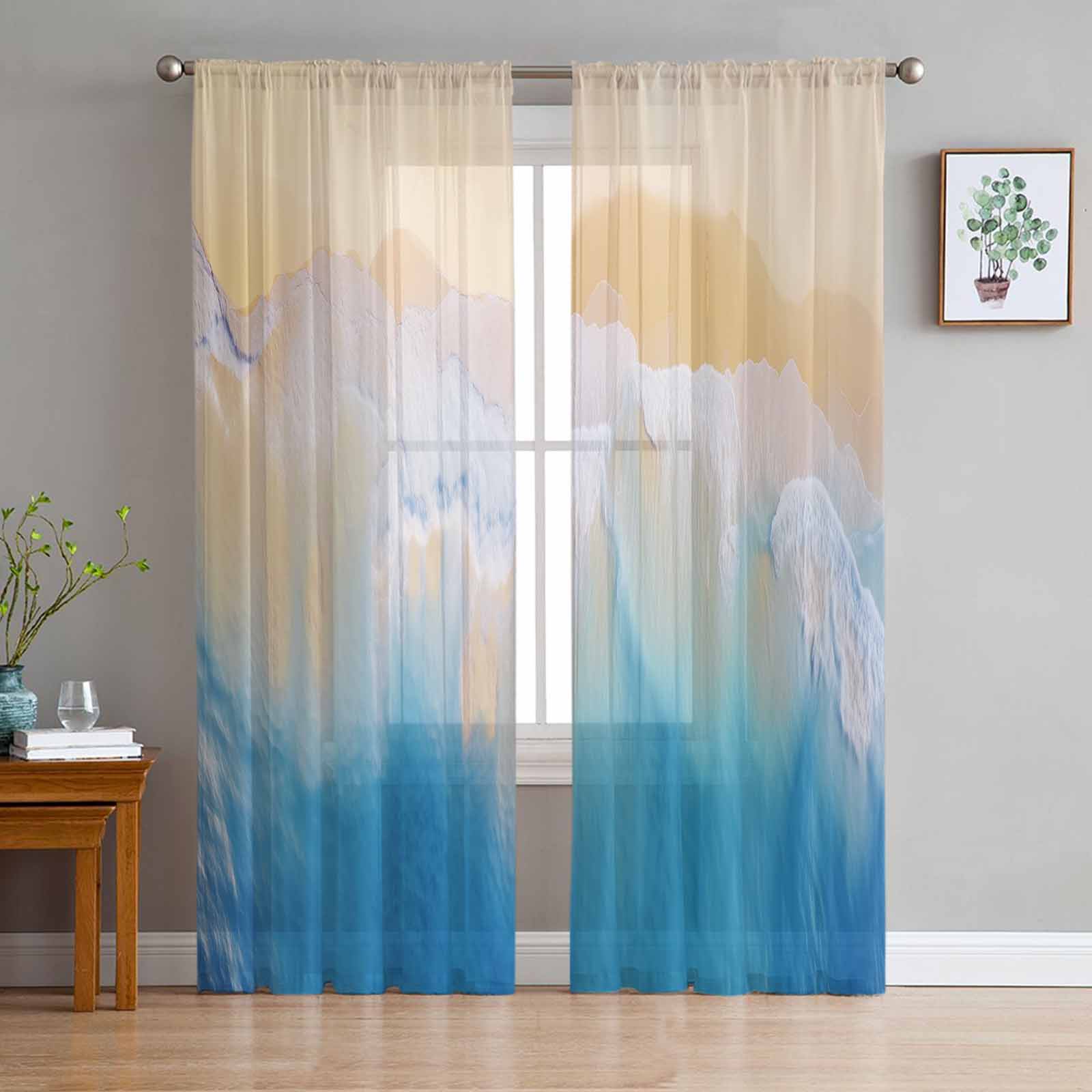 Ocean Beach Summer Vacation Tulle Window Curtains for Bedroom Luxury Home Decor Drapes in Living Room Chiffon Panels 135W x 114H(cm)