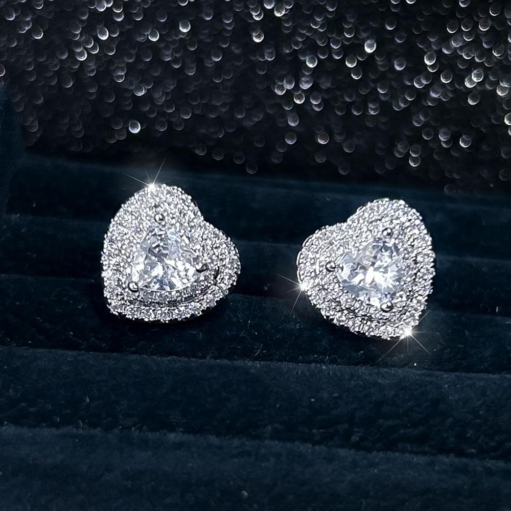 Trendy Heart Shape Zircon Stud Earrings For Women Silver Color White Bridal Wedding Ear Studs Engagement Jewelry Gift silver/white
