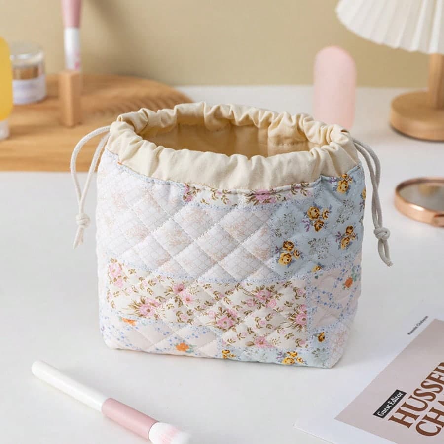 Drawstring Cosmetic Bag With Embossed Print, Large Capacity Drawstring Cosmetic Bag Colorblock Floral multicolour