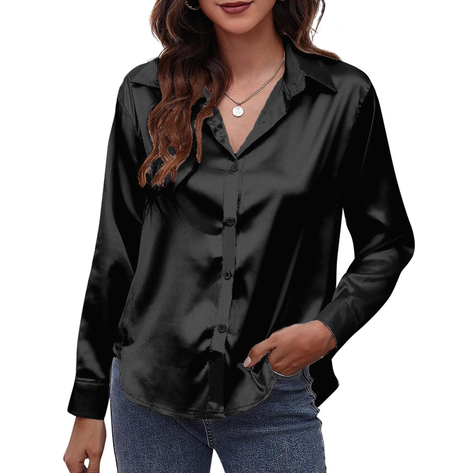 Women Solid Satin Shirt Long Sleeve Buttons Casual Shirts XL black