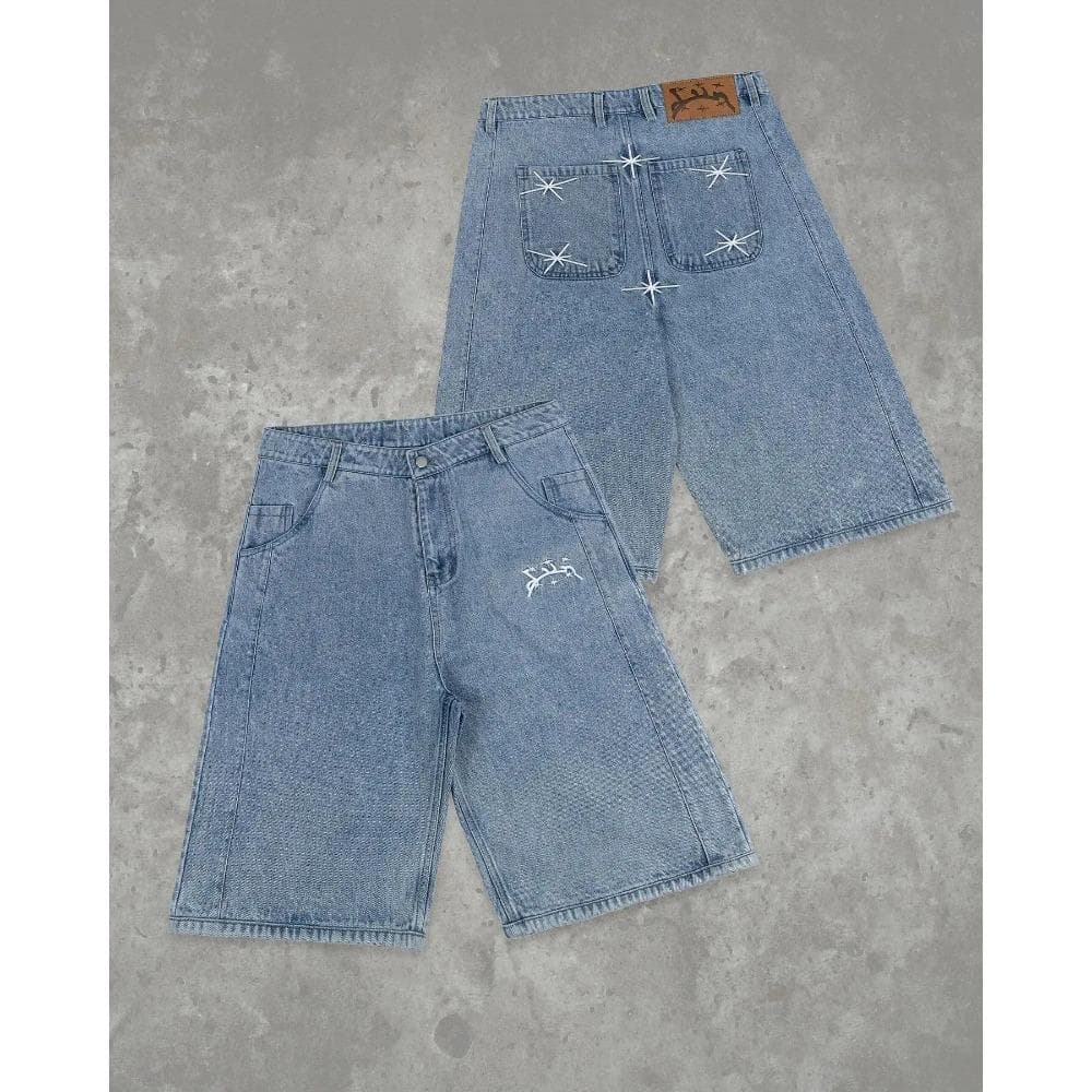 Street Geometry Graphic Embroidery Baggy Denim Shorts Y2k Retro Hip Hop Trendy Gym Basketball Shorts Men Women Jorts XXL