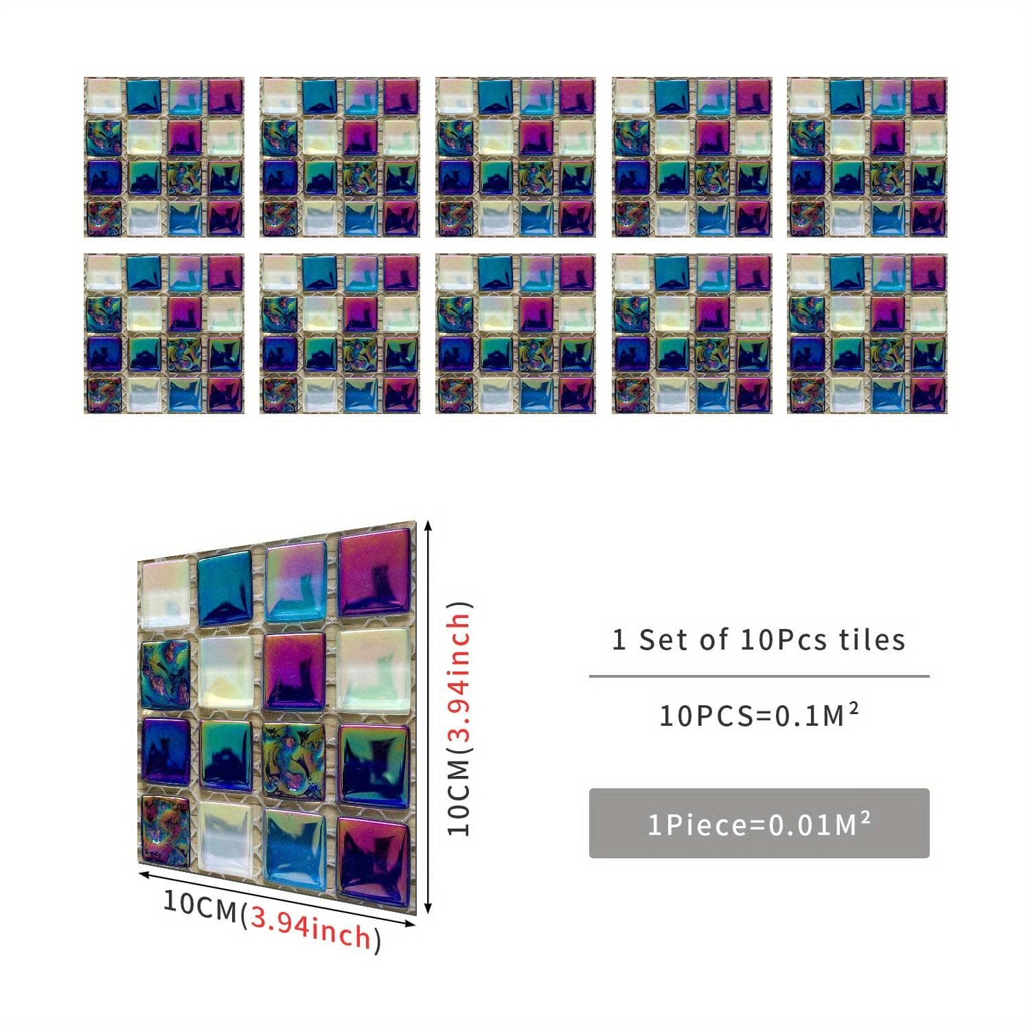 10pcs Mosaic Tile Sticker Waterproof Self-Adhesive Wall Decor for Kitchen & Bathroom - Oil Proof Wall Sticker 10X10cmX10Pcs