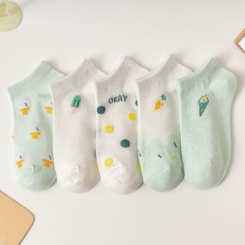 5Pairs Women's Spring and Summer New Short Cotton Socks Japanese Sweet Casual Cartoon Couple Boat Socks 5Pairs