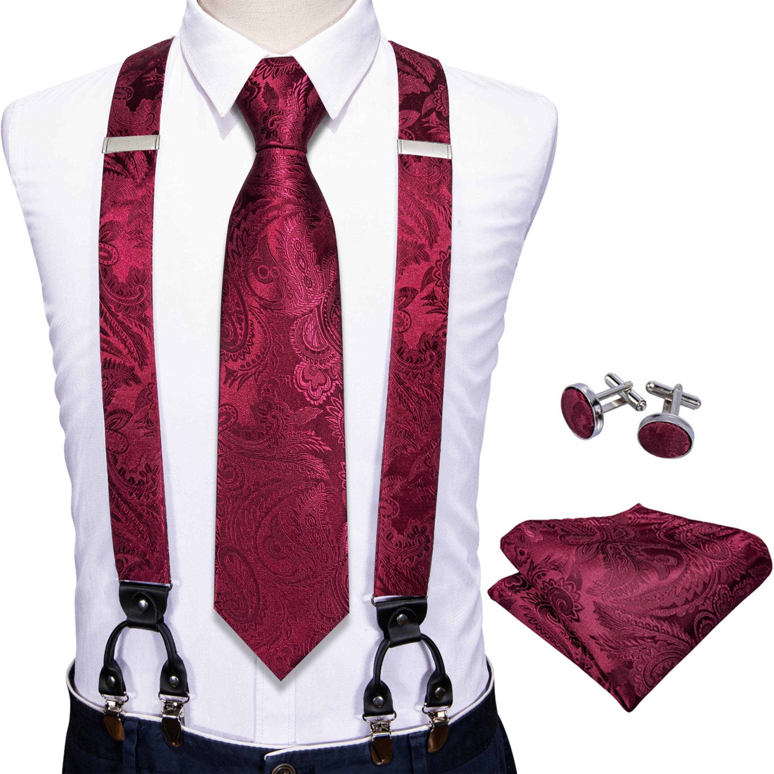 Fashion 6 Clip Men's Tie Suspenders 3.5cm Width Adjustable Elastic Strap Red Braces Suspender Silk Tie Set BJ-2036,N-5144