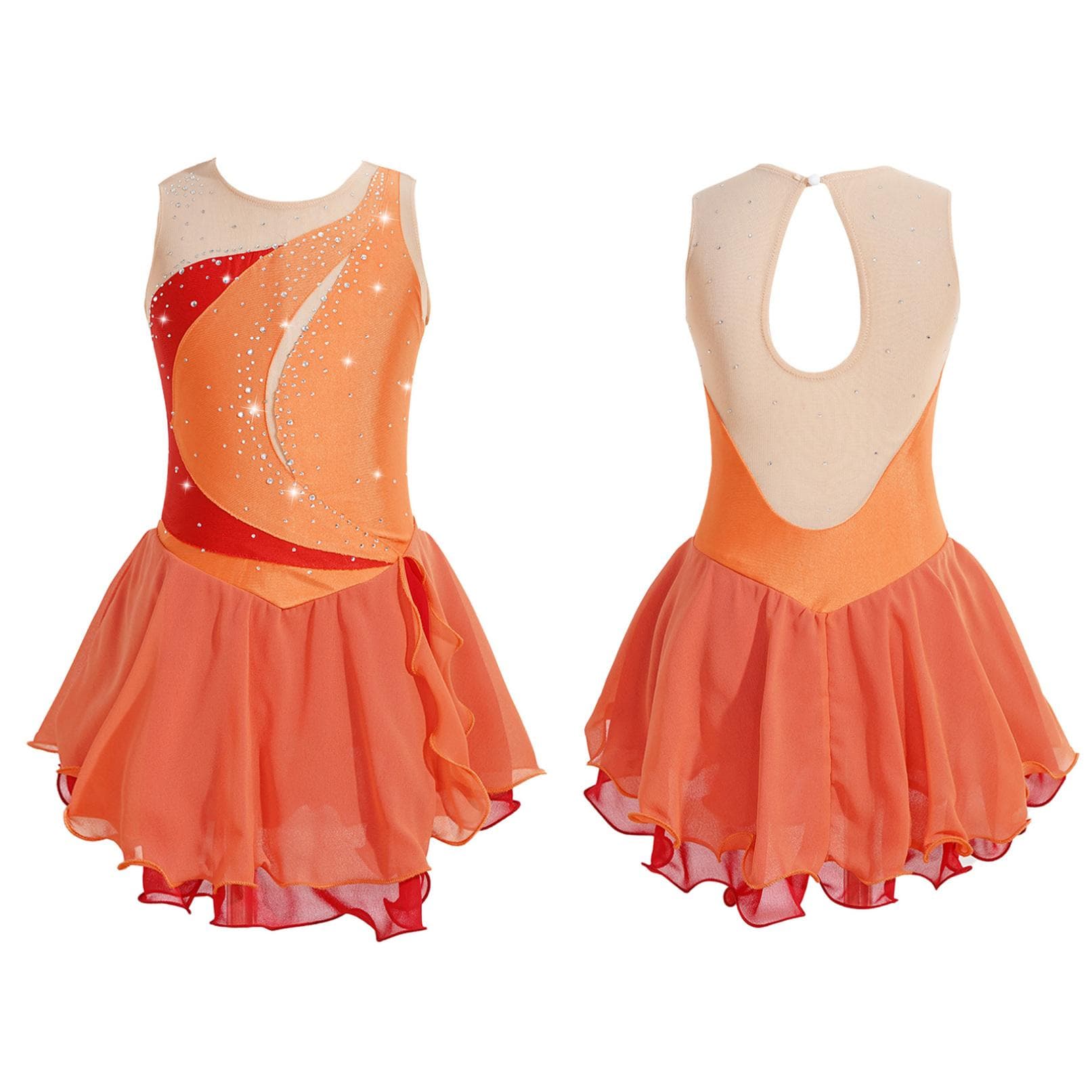 Girls' Figure Skating Dress Sleeveless Glitter Rhinestone Ballet Leotard Dress Competition Costume Gymnastics Suit 13-14 Years orange