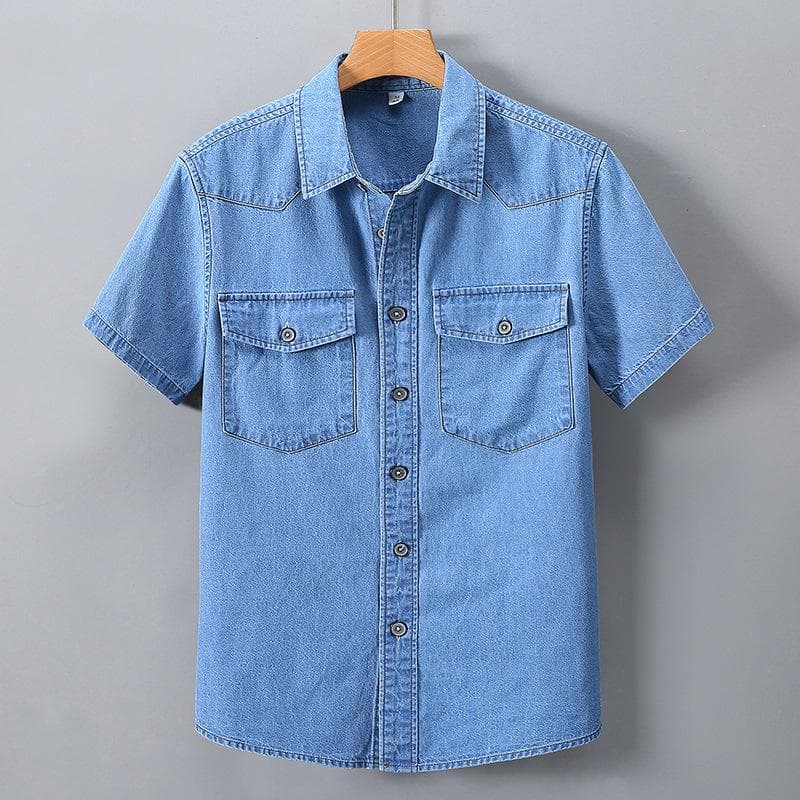 Men's Summer Denim Shirt - Large Size, Thin Cotton, Half-Sleeve, Slim Lapel Work Jacket M light blue