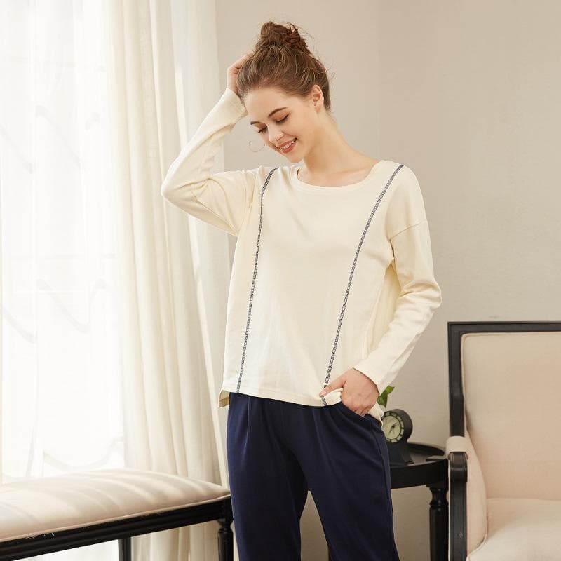 Pajamas for Women Spring and Autumn Pure Cotton Long-sleeved Round Neck Home Clothes Loose Casual Pajamas Tops and Pants Two-piece Set XL beige