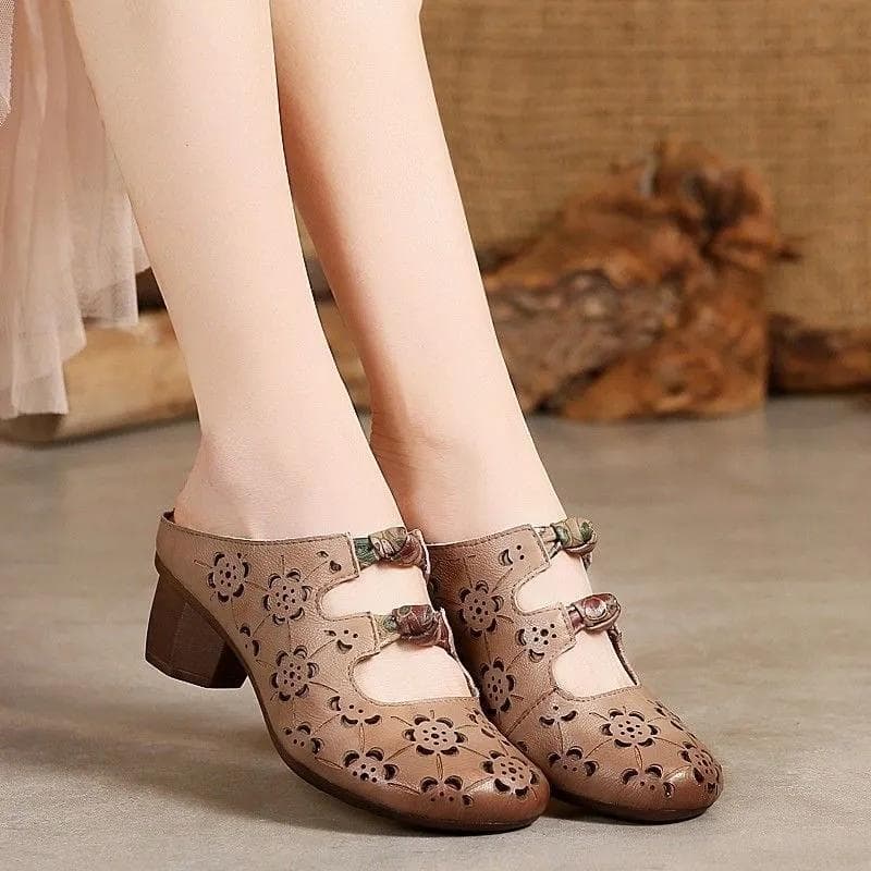 Retro High-heeled Slippers Ethnic Style Hollow-out Printing Soft Leather Fashion Women's Sandals Spring and Summer 40 beige
