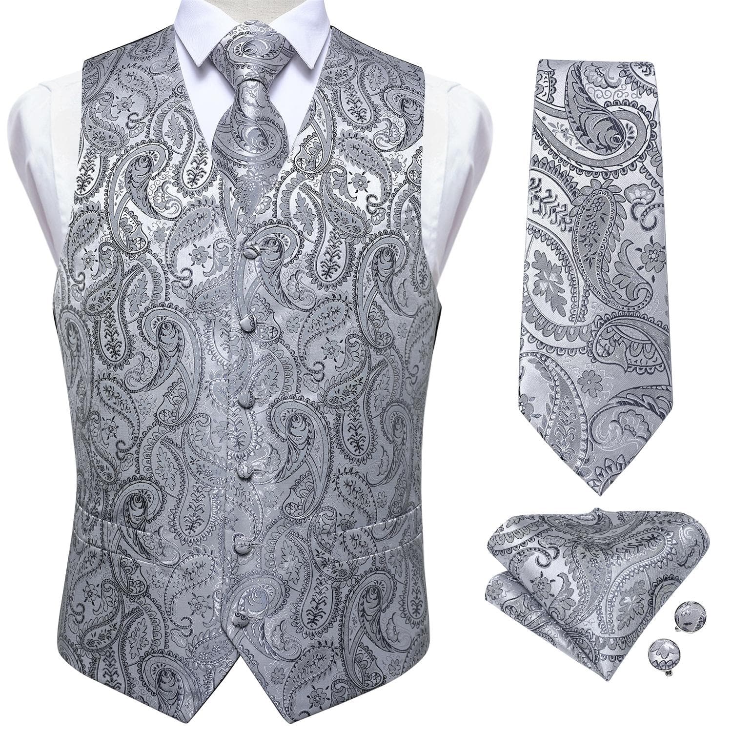 Dibangu Mens Yellow Paisley Vest Suit Waistcoat Hanky Cufflinks Tie Set Wedding L