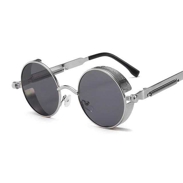 Classic Gothic Steampunk Sunglasses Men Women Vintage Round Metal Frame Sun Glasses grey/silver