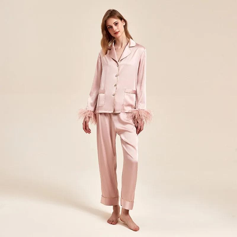 Feather Satin Pajamas Pants Set Black Bridal Wedding Pajamas Two-piece Set Spring Autumn Loose Home Clothes Home Clothes XL pink