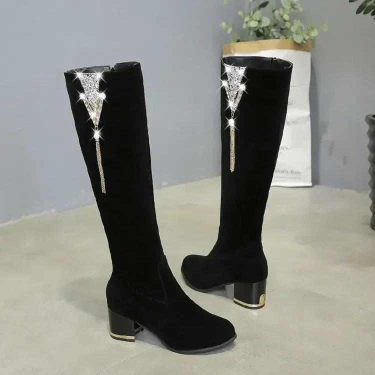 Fashion Women Rhinestone Long Boots Zipper Thick High Heels Tassels Autumn Winter Warm Boots Knee High Botas Botas De Mujer2024 37 black