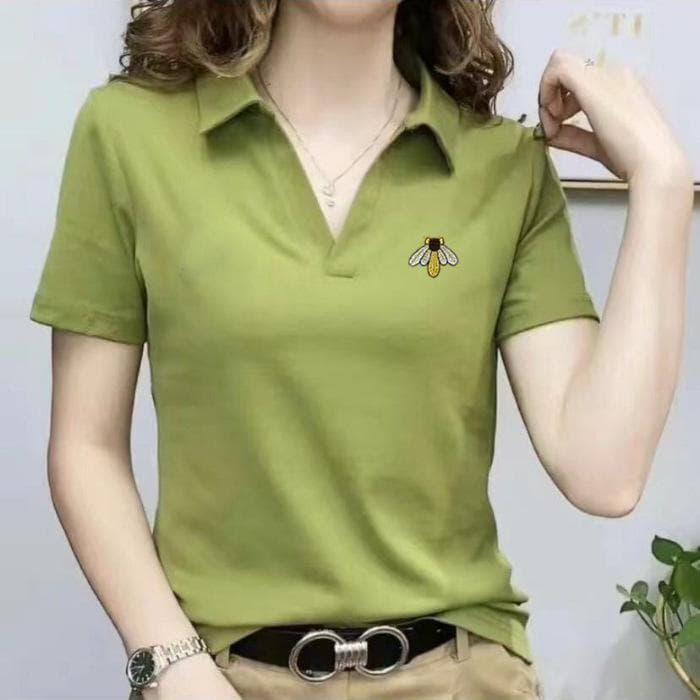 Women's Summer Short-sleeved T-shirt New Fashionable Women's V-neck Age-reducing Casual Lapel Top Large Size Polo Shirt 5XL green