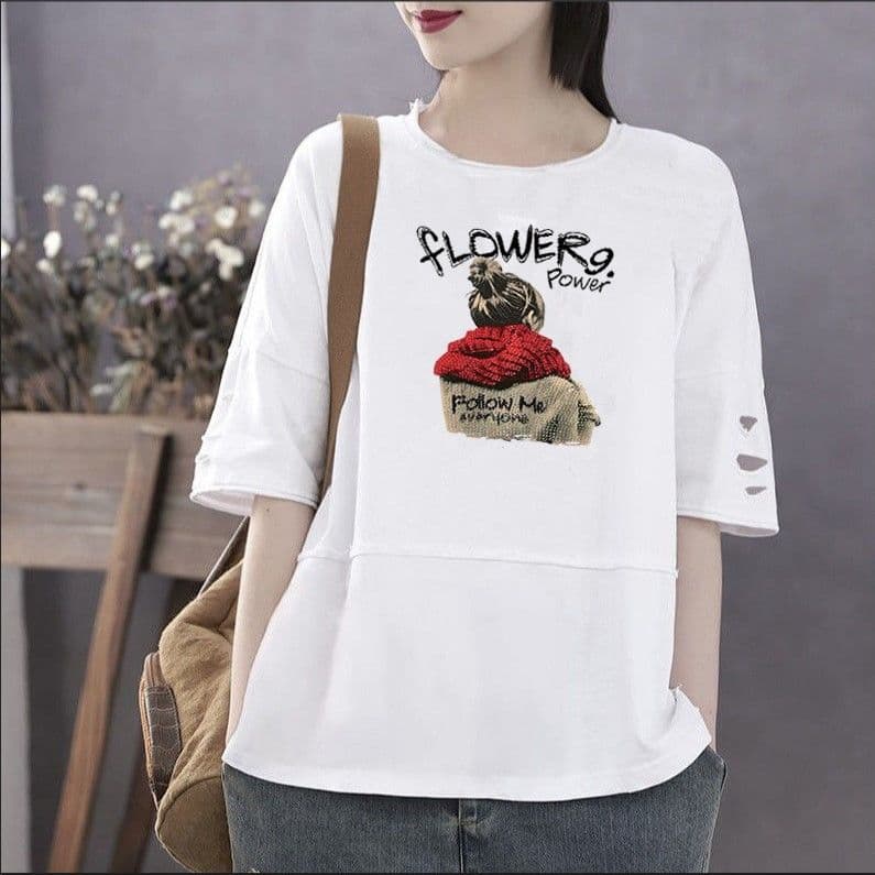 Women's Summer Cotton Tops Spring Fall Loose Large Size T-Shirts Female Solid Color Casual Print Shirts 5XL white