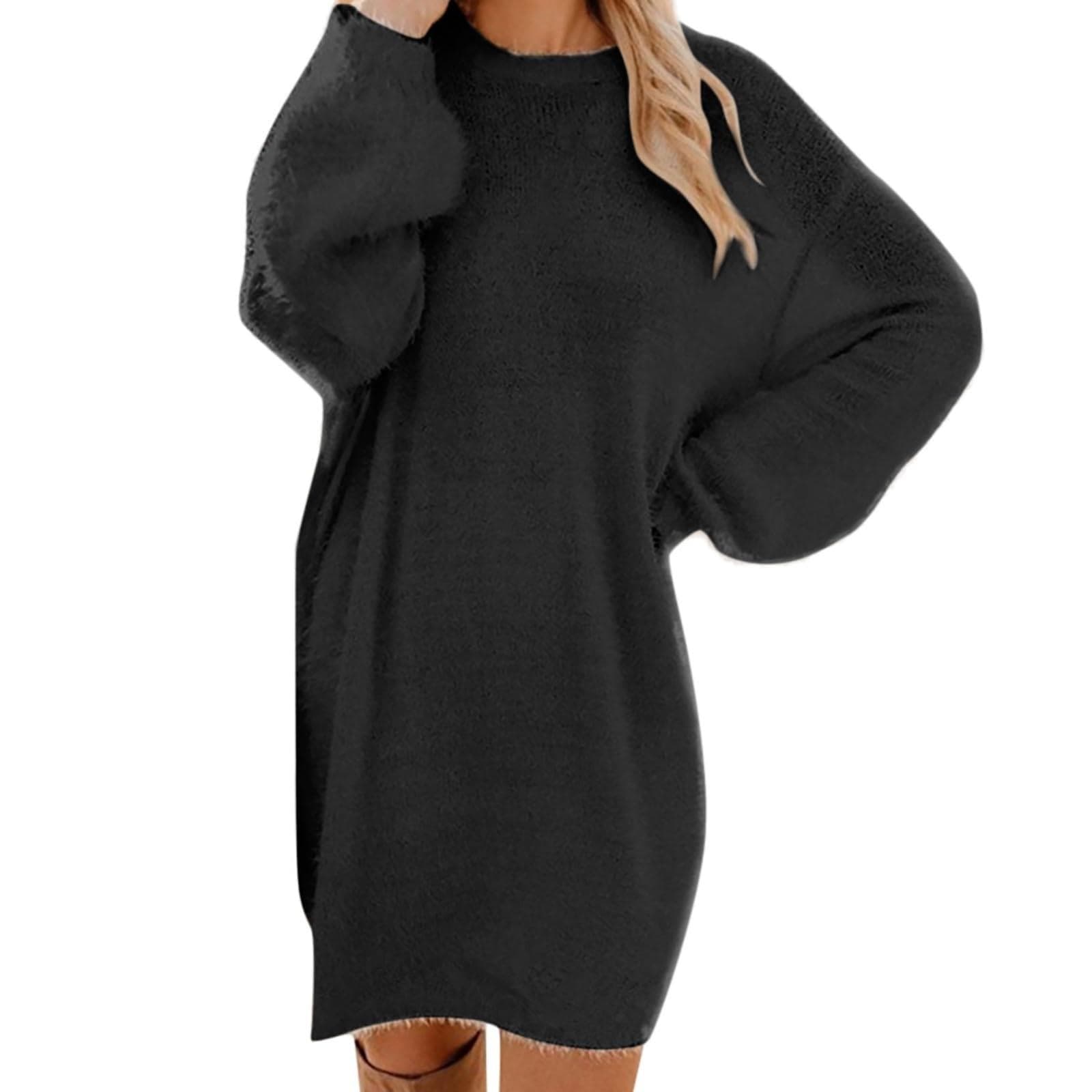 Women Winter Sweater Knit Crewneck Warm Long Sleeve Casual Sweatshirts Dress XXXL black