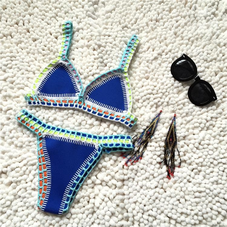 Bikini Women Handmade Crochet Knit Swimwear Halter Patchwork Bathing Suit Swimsuit Biquini Thong Bikini L blue/orange