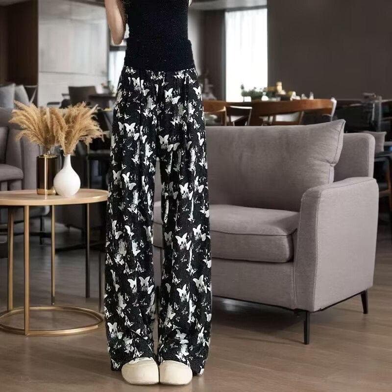 New Spring and Summer Draped Wide-leg Women's Printed Cool Pants Elastic Waist Loose Casual Women's Pants 3XL black