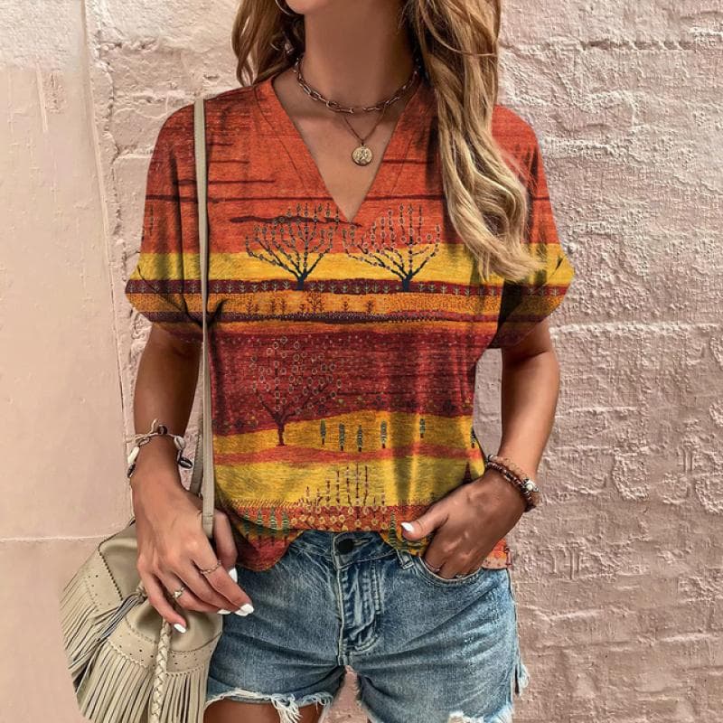 Retro Women's T-Shirt Summer V-Neck Short Sleeve Tee Casual Harajuku Stripe Print T Shirt for Women Streetwear Pullover Tops New 6XL