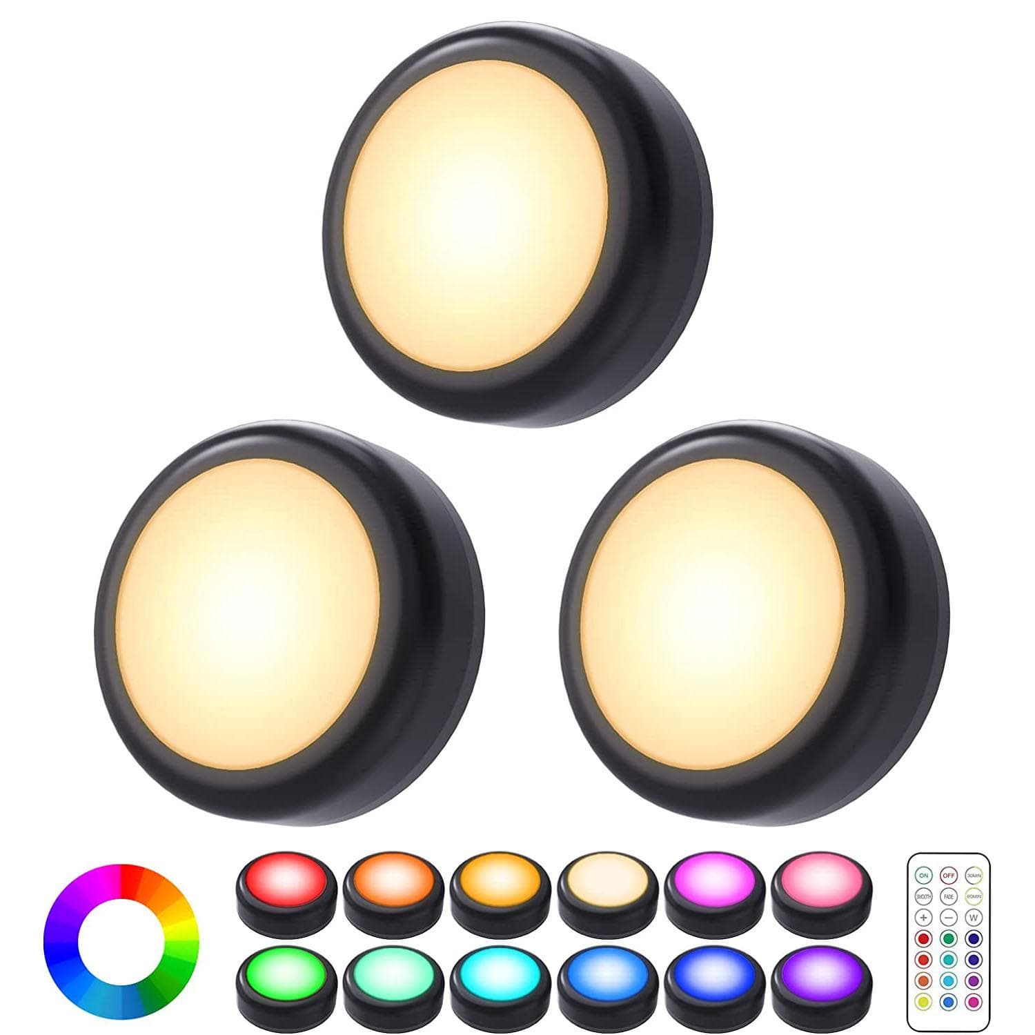 3Pcs RGB LED Night Lights Remote Control Dimmable Under Cabinet Light Battery Operated Wireless Lamp For Kitchen Closet 3pcs