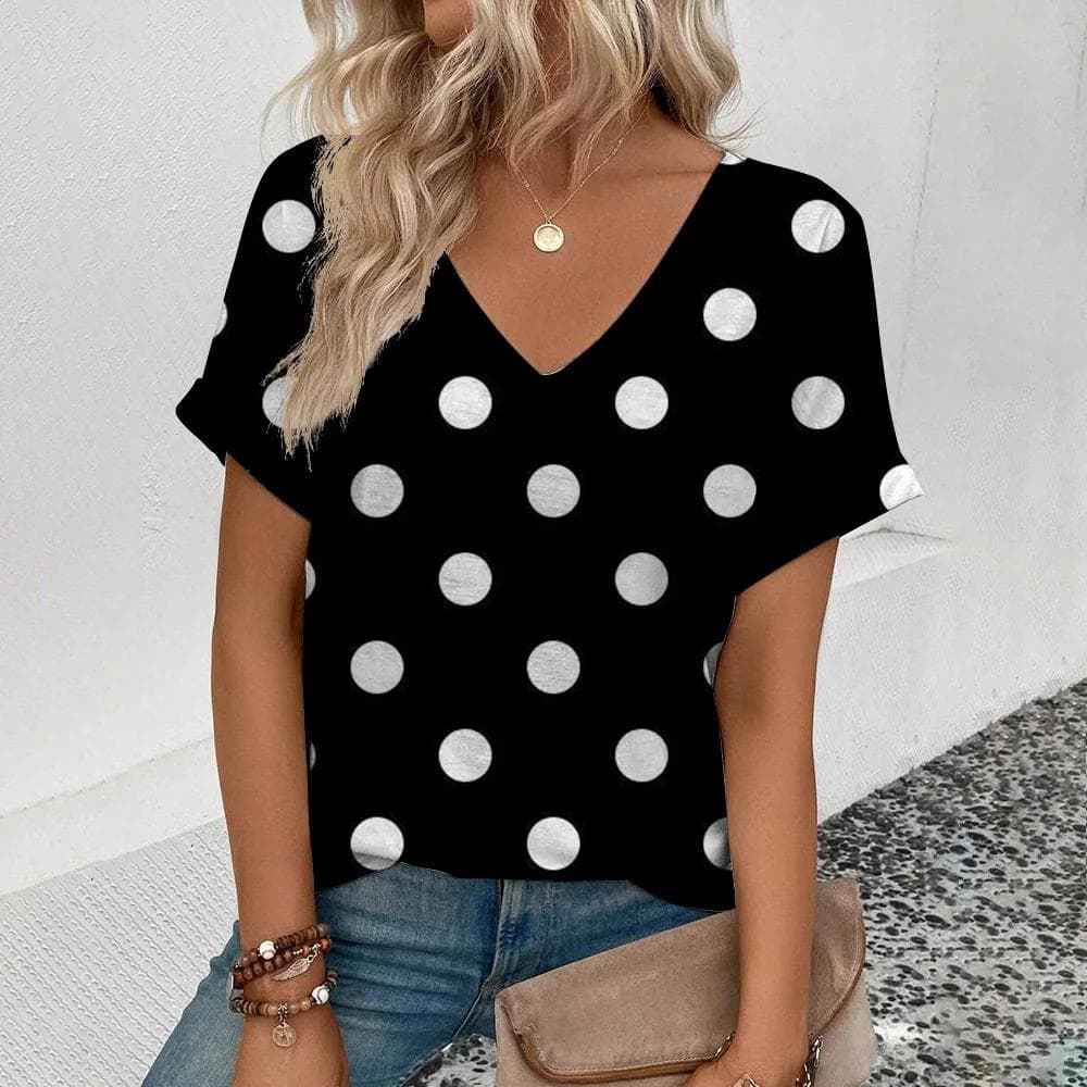 Summer Casual T-shirt Solid Color T-shirt Polka dot 3D Print T-shirt Fashion women's short sleeve T-shirt Women's V-neck L