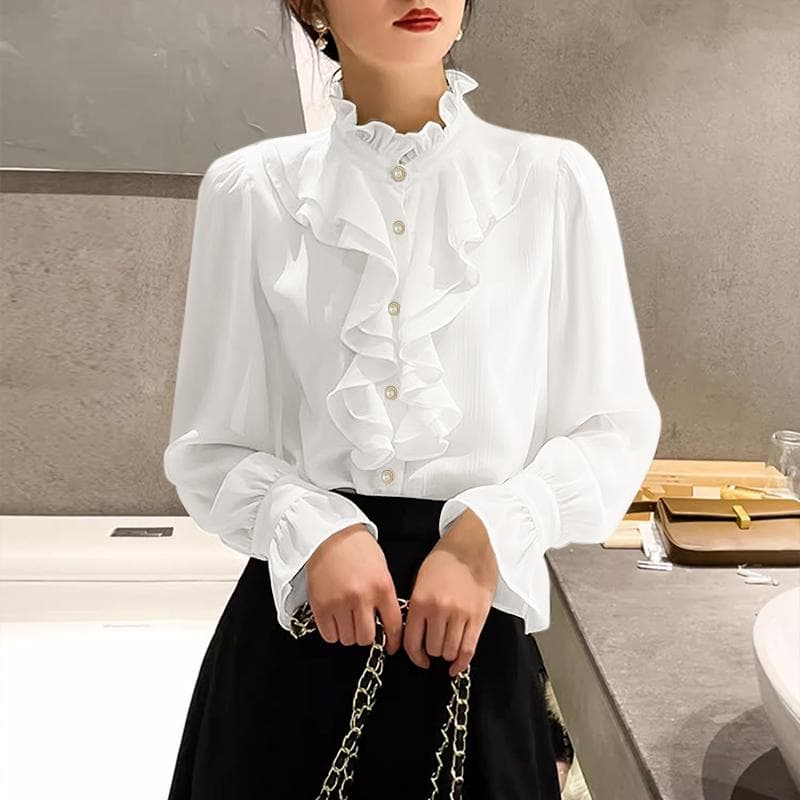 ZANZEA Women Casual Stand Collar Long Sleeve Ruffles Splice Blouse 2XL white