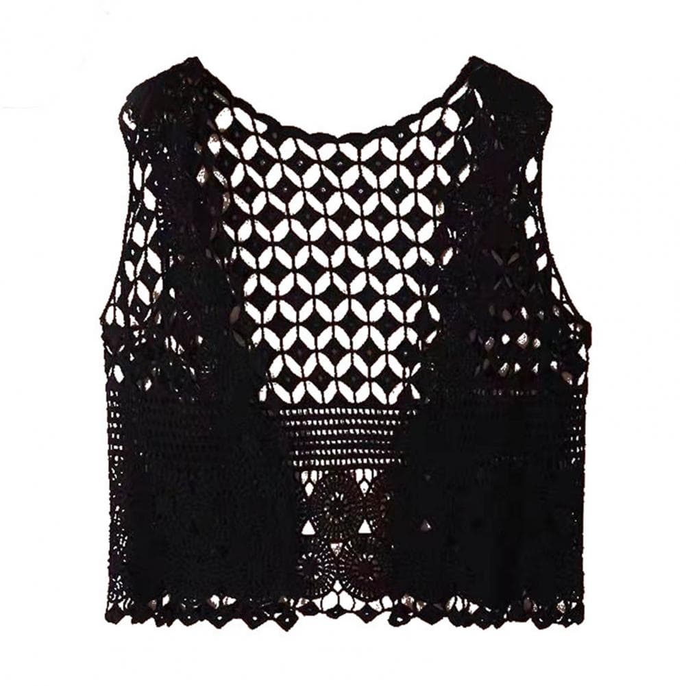 Women Vest Stylish Women's Crochet Sleeveless Cardigan Lightweight Open Stitch Summer Vest Retro Knitted Outwear Coat for Daily One Size black