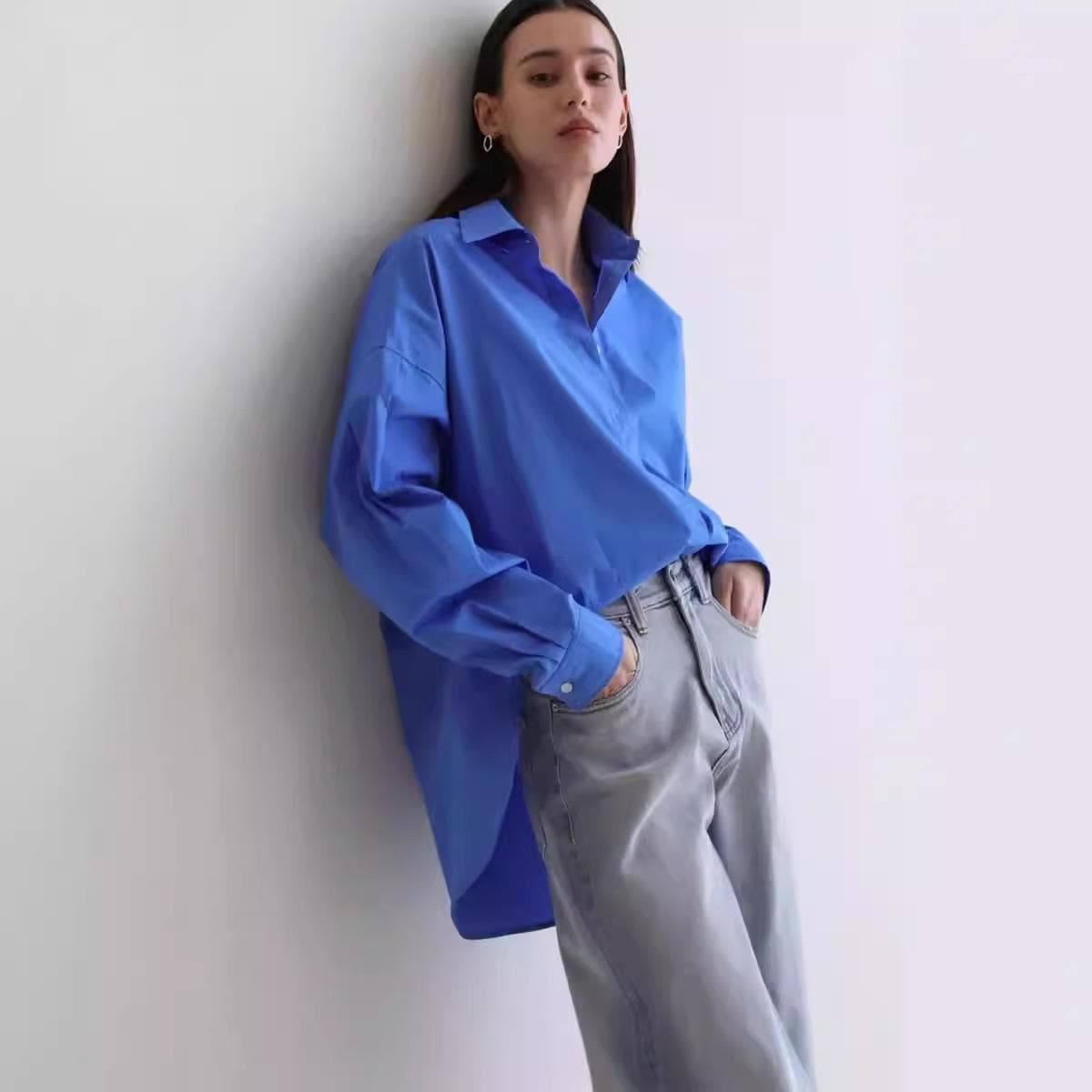Women's Casual New Thin Black Shirt Jacket Women's Spring and Autumn Loose Shirt XL blue