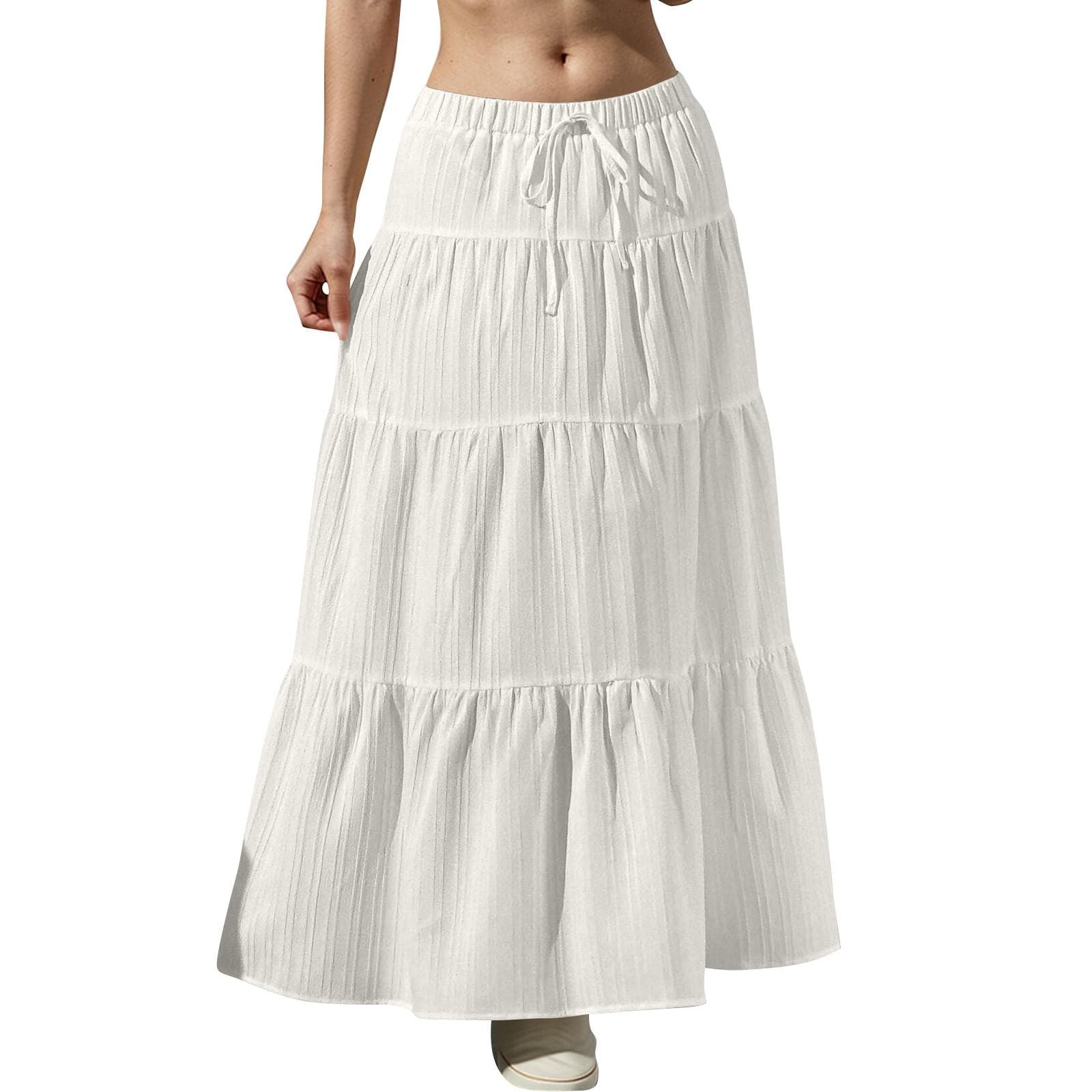 Women's Flowy Flared Ruffle Hem A Line Maxi Skirts Elastic Waist Elegant Tiered Layer Boho Long Skirts S white