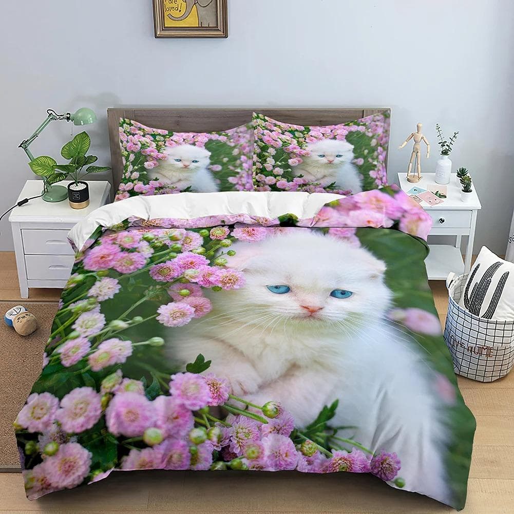 Animals Cute Cat Bedding Set Boys Girls Twin Queen Size Duvet Cover Pillowcase Bed Kids Adult Fashion Home Textileextile AU Queen 210x210cm