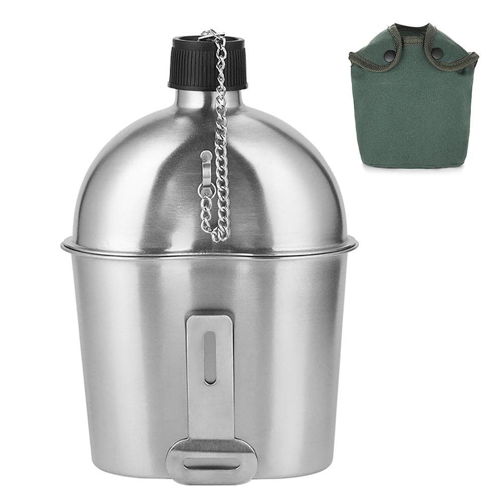 2pcs 1000ml 600ml Stainless Steel Military Canteen Cup Set with Cover Bag for Outdoor Camping silver