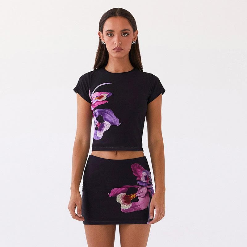 Women's Summer New Short-sleeved Printed Hip Skirt Suit Women's High-end Suit Two-piece Skirt XL black