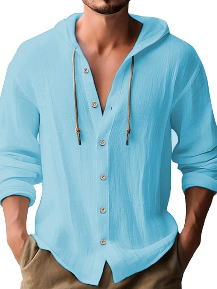 2025 New Men's Hooded T-shirt, Solid-color Cotton and Linen Men's Casual Long-sleeved Top S blue