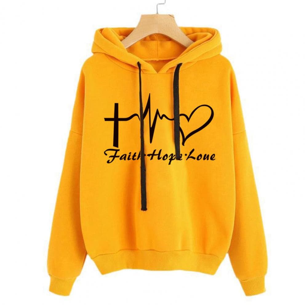 Streetwear Hoodie Heart Print Letters Spring Autumn Pure Color All Match Sweatshirt for Daily Wear M yellow