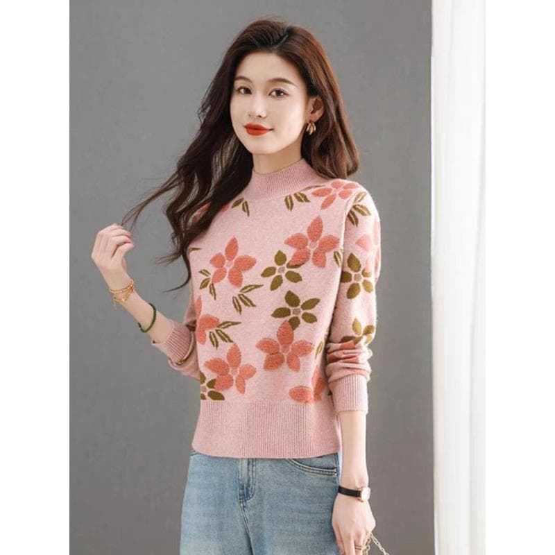 Small Sweater for Women In Autumn and Winter Fashionable Half-high Neck Bottoming Shirt with Skirt and Knitted Top 2XL pink