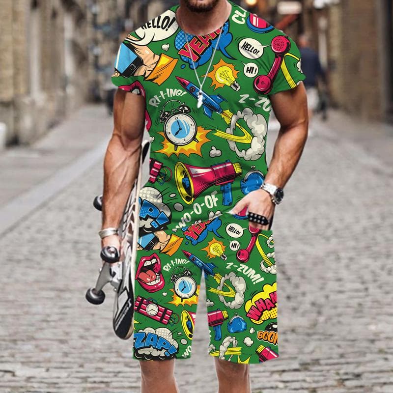 Summer Men's T-Shirt Set Hip Hop Funny Short Sleeve T-Shirt Shorts 2-piece Tracksuit Colorful Casual Sports Suit Unisex Clothing XXXL