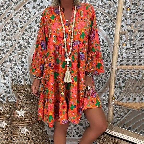 Plus Size Women's Fashion Loose Casual V neck long sleeve Floral print summer dress 5XL orange