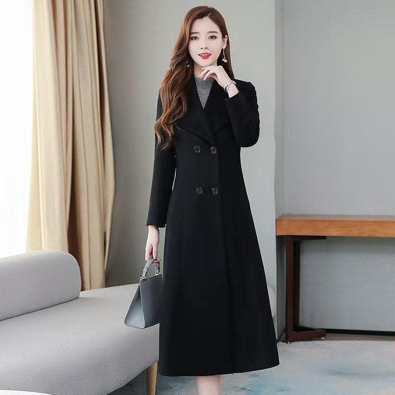 Autumn and Winter Women's Vintage Solid Long Coat Warm Thicken Woolen Coat XXL black