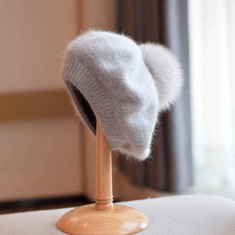 2022 Japanese Angora Rabbit Beret for Women Winter Warm Soft Knit Berets Mink Fox Pom Pom Hat Wool Cap Wholesale 55-60cm