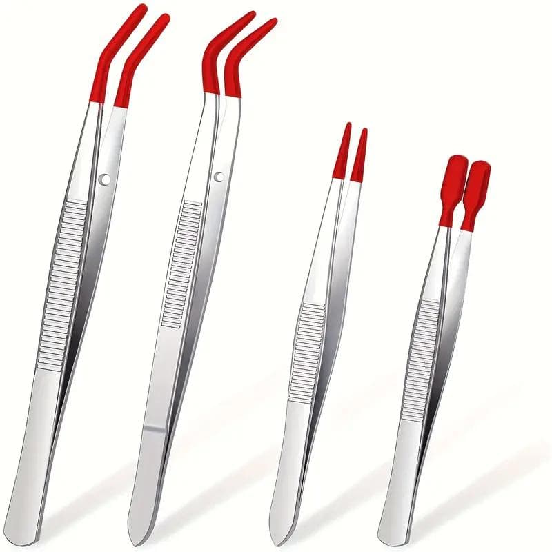 4Pcs/set Stainless Steel Tweezers With Rubber Tips Tweezers PVC Coated Non Marring Flat Tip Bent Tip Tweezers red