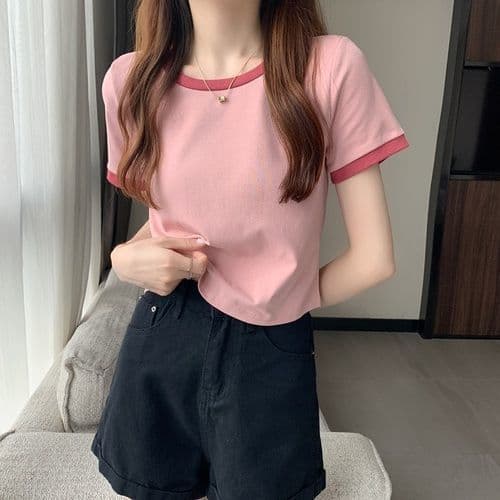 Contrast round neck short sleeved T-shirt T-shirts Casual pullovers Women's Summer Tops fashion M pink
