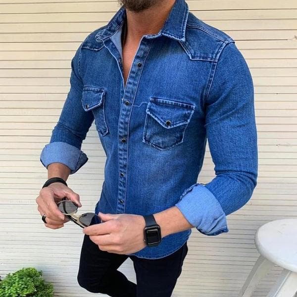 Mens Long-sleeved Denim Jacket Washed Denim Men Casual Slim Jeans Shirt S blue
