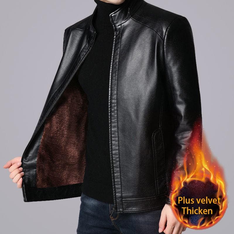 Autumn and Winter Men's Jacket Thickened Leather Jacket Dad Wear A Large Size High-quality Leather Jacket Windproof and Rainproof 165 black
