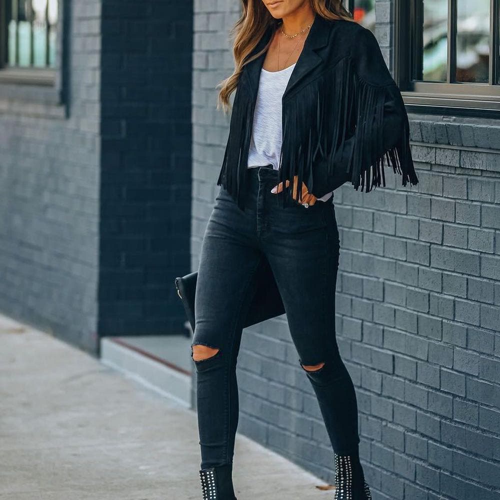 Women's Deerskin Jacket Lapel Fringe Short Coat Leather Coat L black
